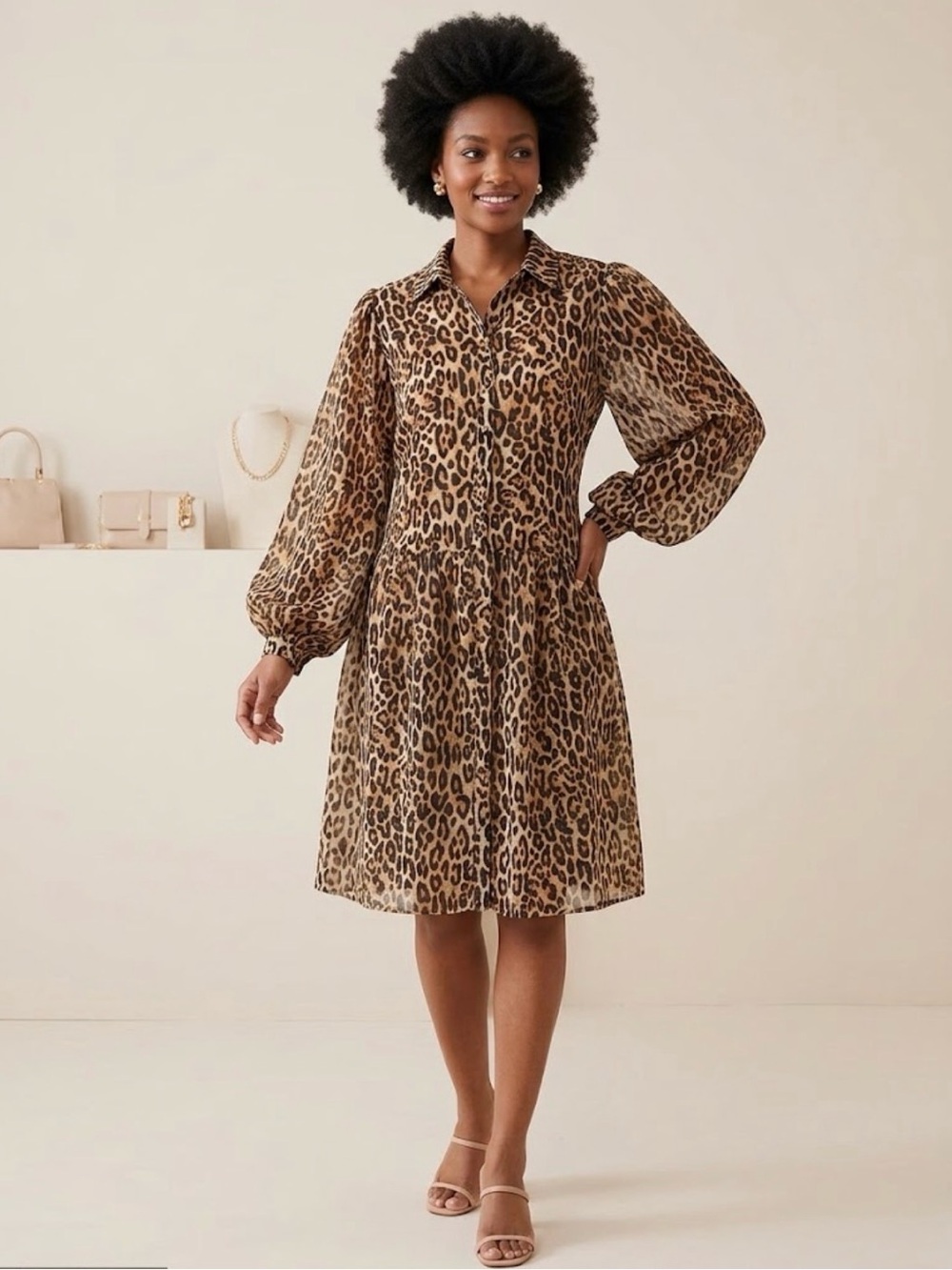 H&M Leopard Print Midi Shirt Dress in Brown and Black